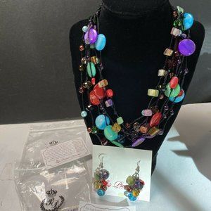 Premier Designs Layered Rainbow Abalone Tigers Eye Bead Necklace & earrings NEW